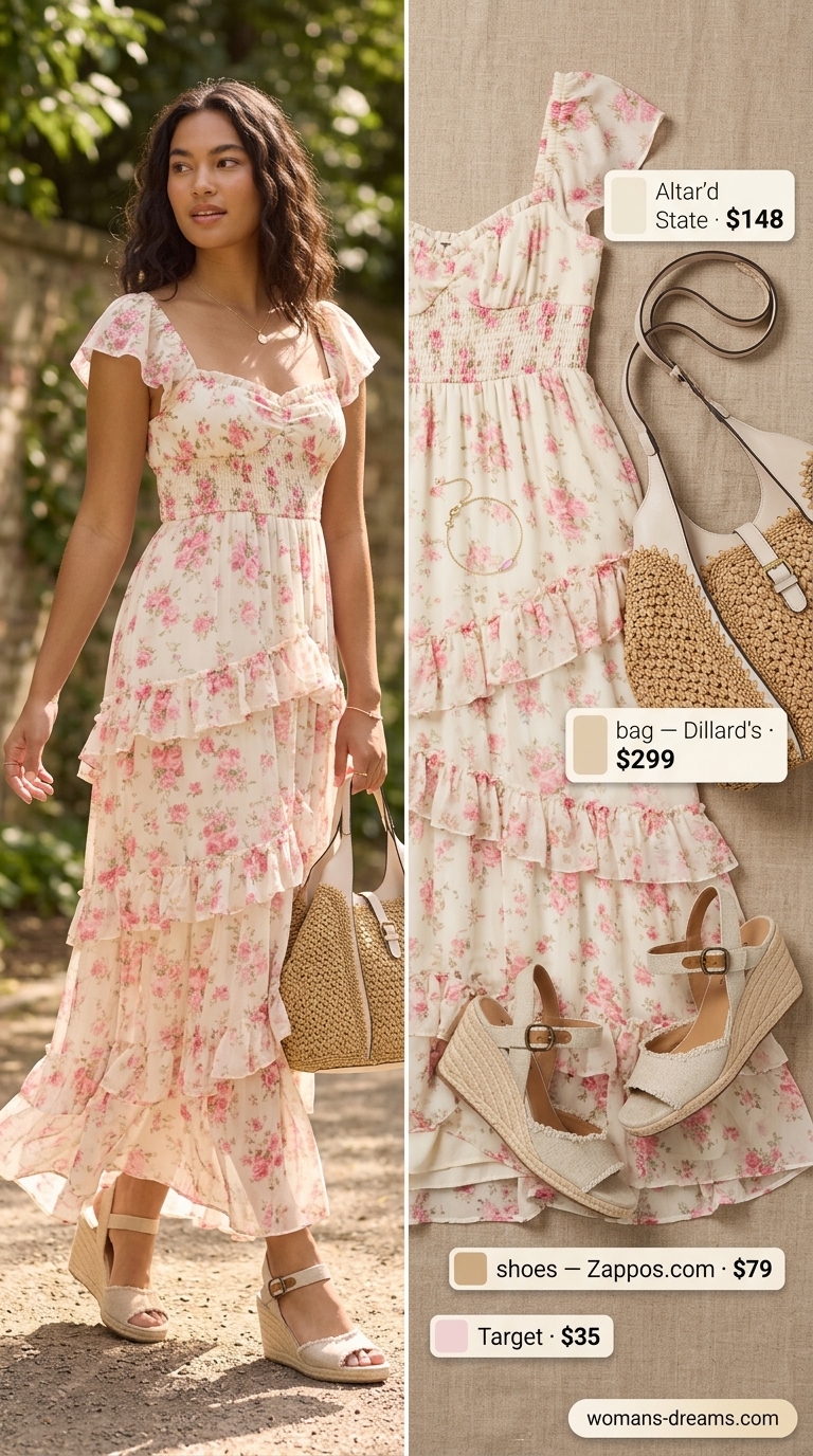 Cream floral maxi dress outfit for women 2026. Romantic summer picnic style with straw tote and espadrilles.