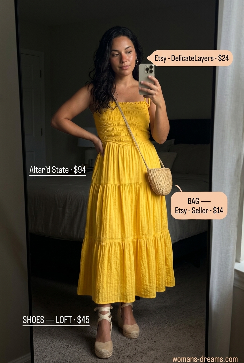 Golden yellow maxi dress outfit for women 2026. Relaxed summer evening style with wedge espadrilles.