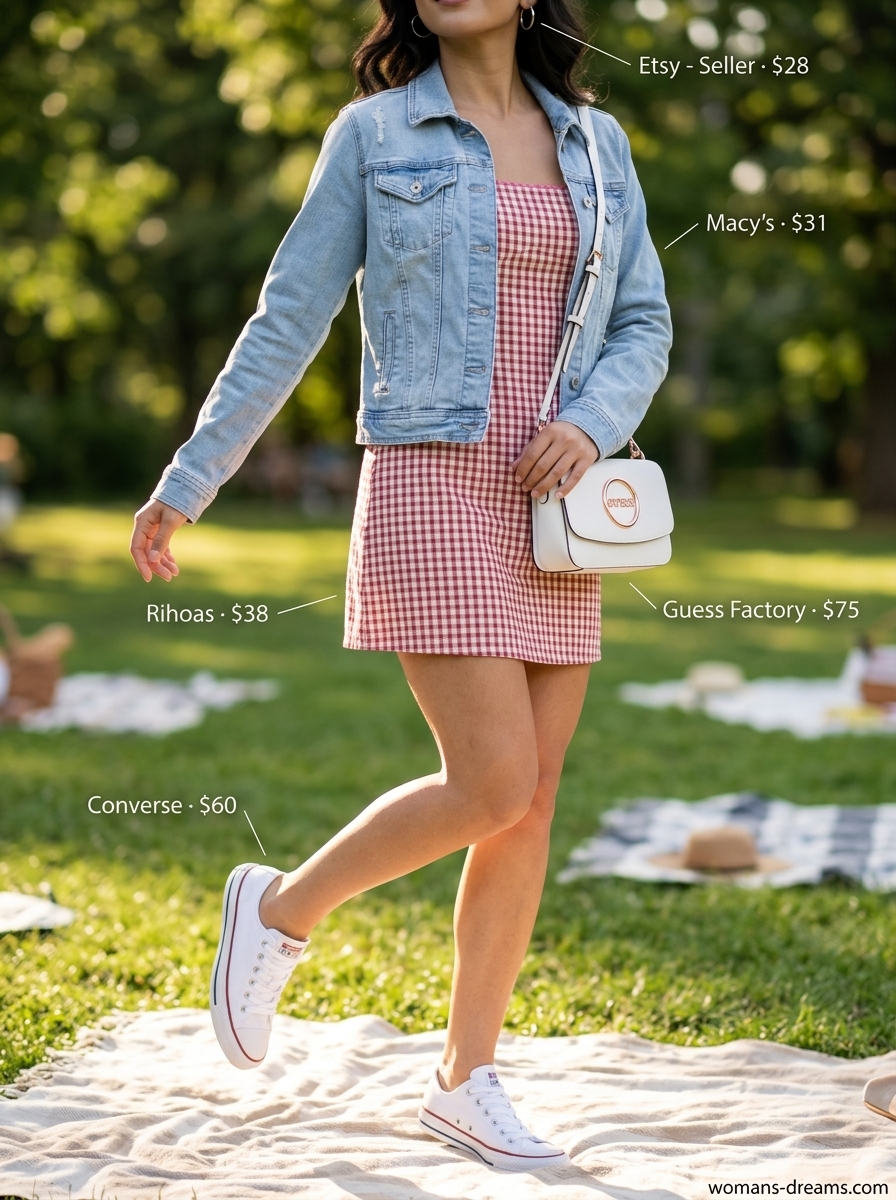 Red gingham cotton mini dress outfit for women, perfect for picnics and weekend casual in summer 2026.