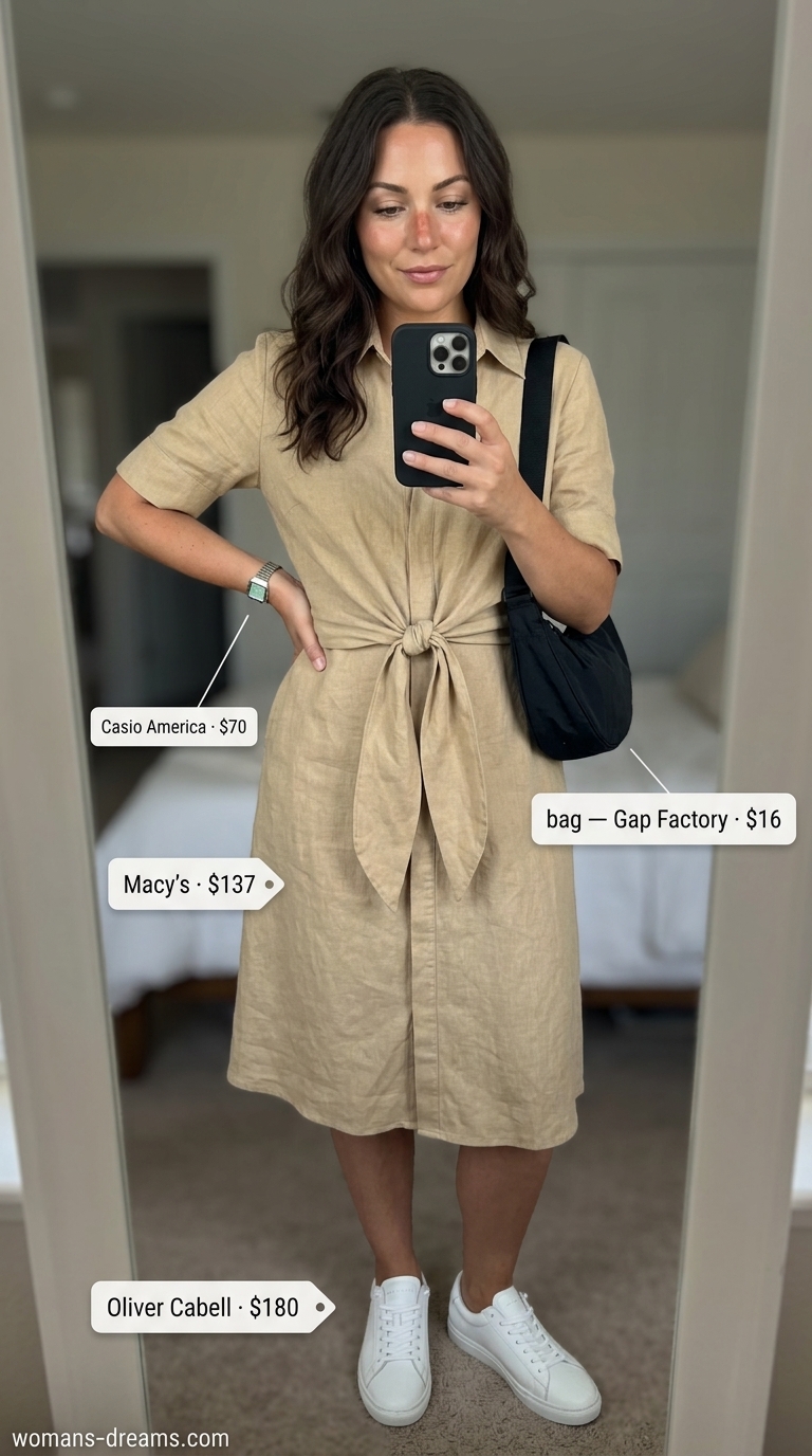 Khaki linen shirt dress outfit for women, ideal for casual days and errands in summer 2026.