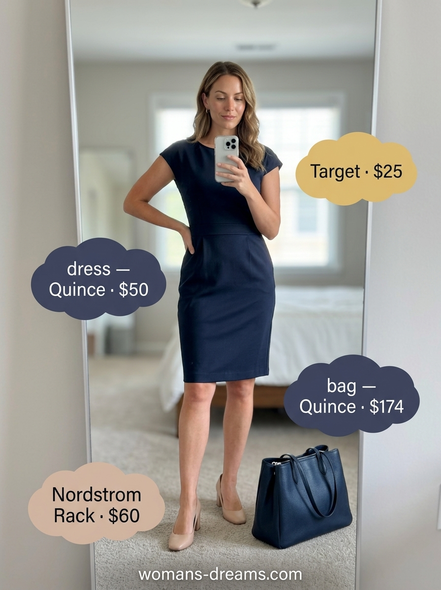 Navy blue cotton blend midi dress outfit for women, perfect for chic summer workwear in 2026.