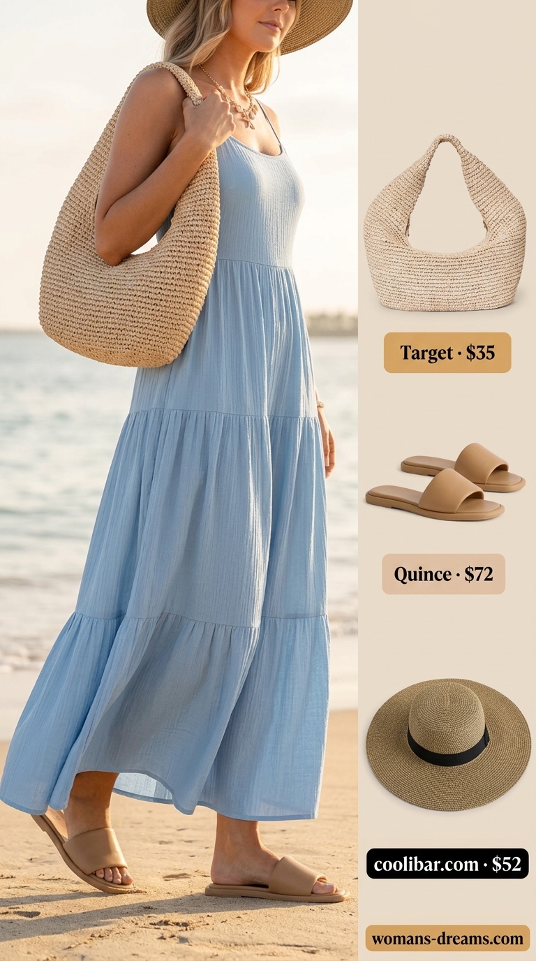 Sky blue cotton maxi dress outfit for women, perfect for beach days and resort wear in summer 2026.