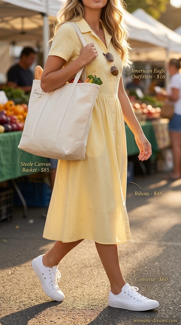 Bright yellow cotton midi dress outfit for women, perfect for casual summer days and shopping trips in 2026.