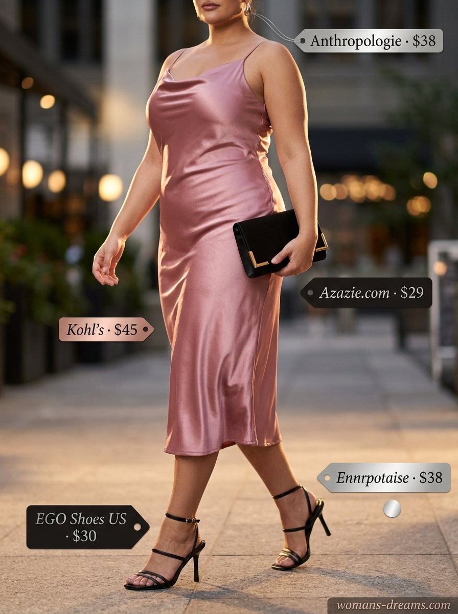 Blush pink cowl neck slip dress for chic summer outfits for women 2026. Evening dinner.