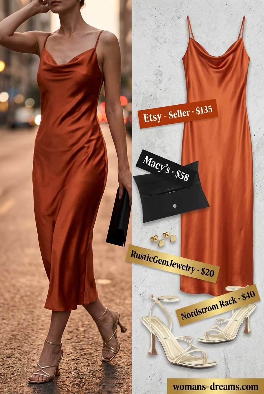 Coral cowl neck slip dress for romantic summer outfits for women 2026. Date night.