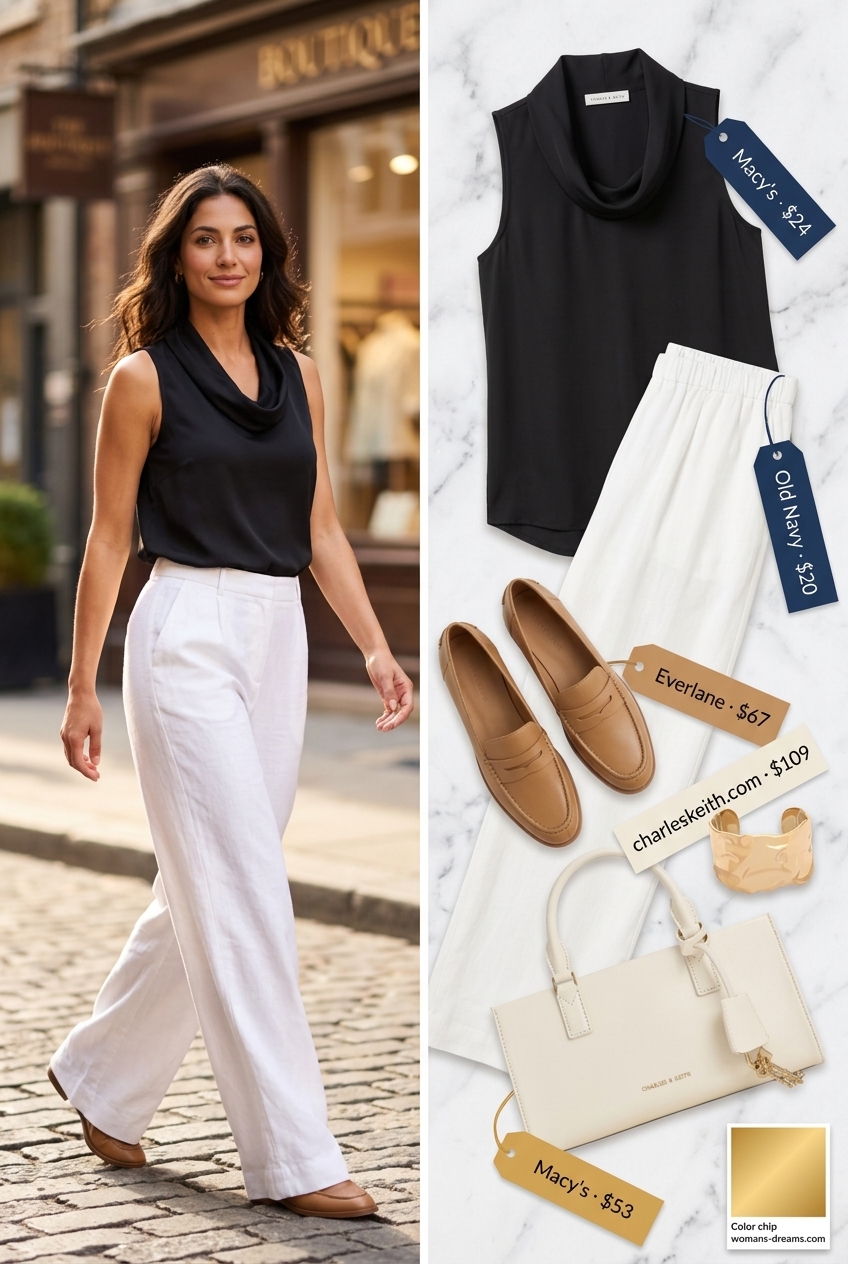 Coral cowl neck top with white linen pants for chic summer outfits for women 2026. City exploration.