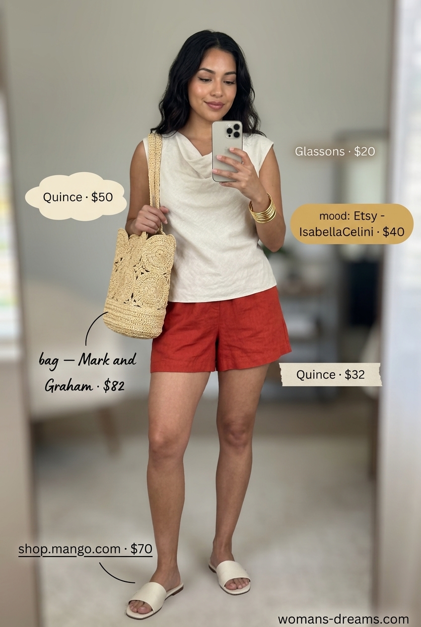 Terracotta linen cowl neck crop top with relaxed shorts for summer outfits for women 2026. Casual lunch.