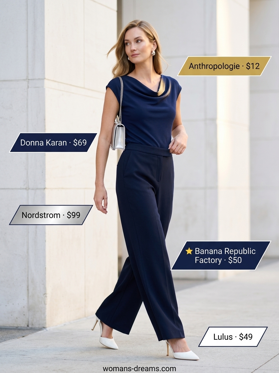 Navy blue cowl neck top with wide-leg pants for sophisticated summer outfits for women 2026. Business casual.