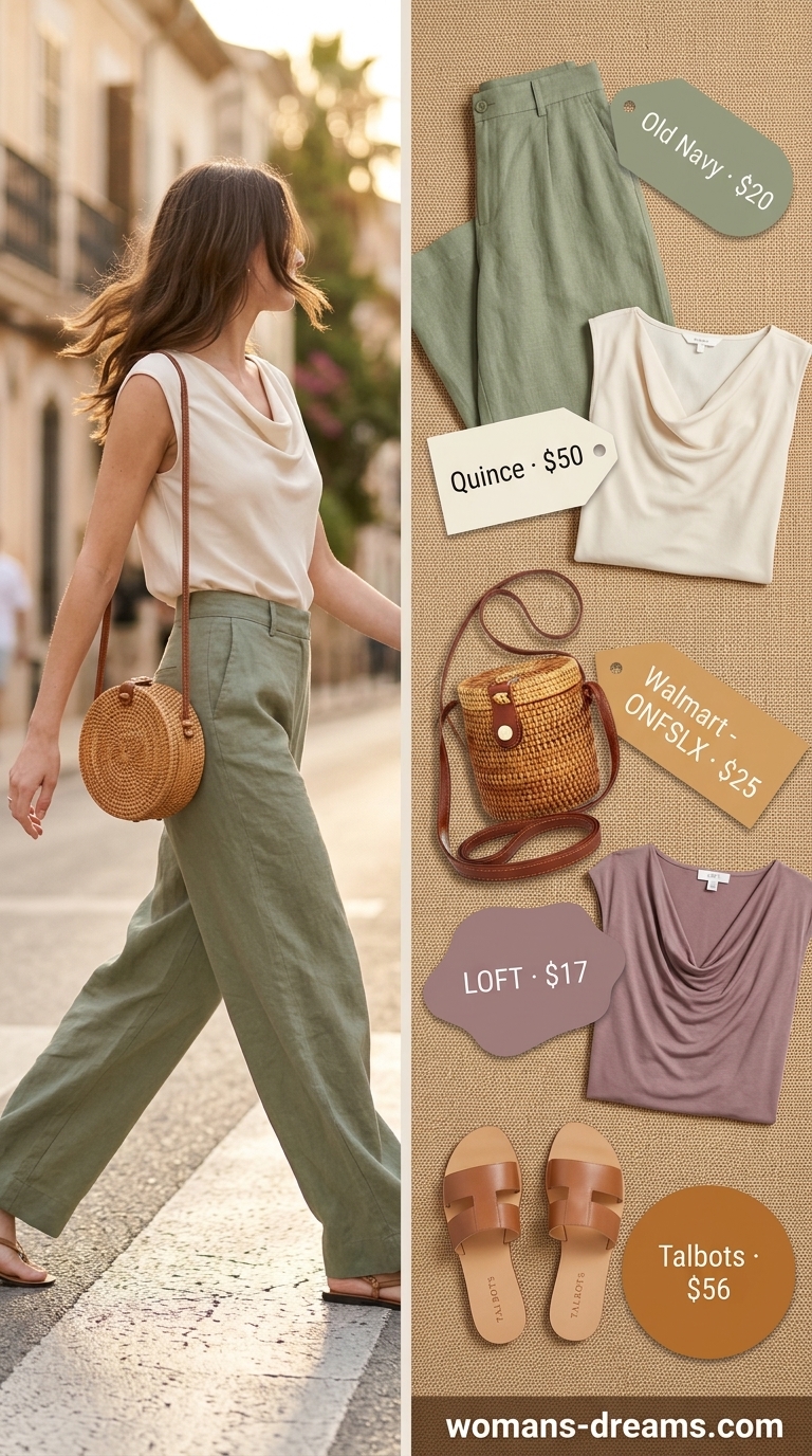 Sage green cowl neck top with linen pants for relaxed summer outfits for women 2026. Beach vacation.