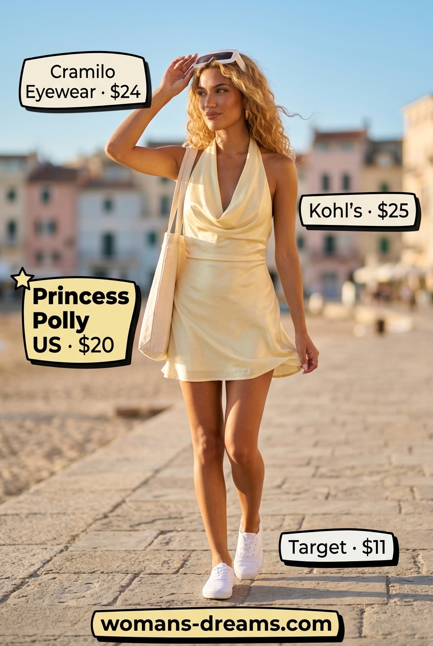 Yellow cowl neck mini dress for playful summer outfits for women 2026. Casual day.