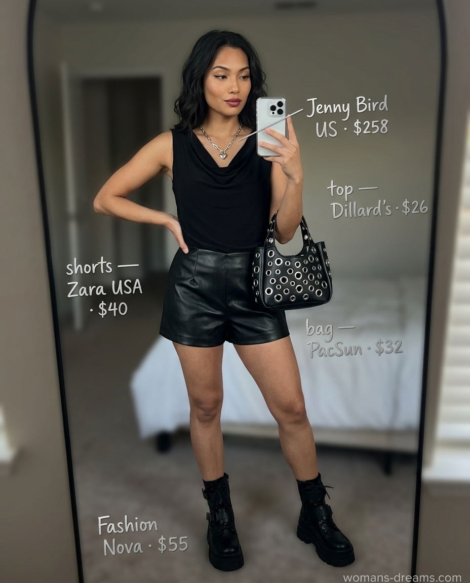 Black cowl neck bodysuit with faux leather shorts, combat boots, and silver necklace for summer cowl neck outfits for women 2026.