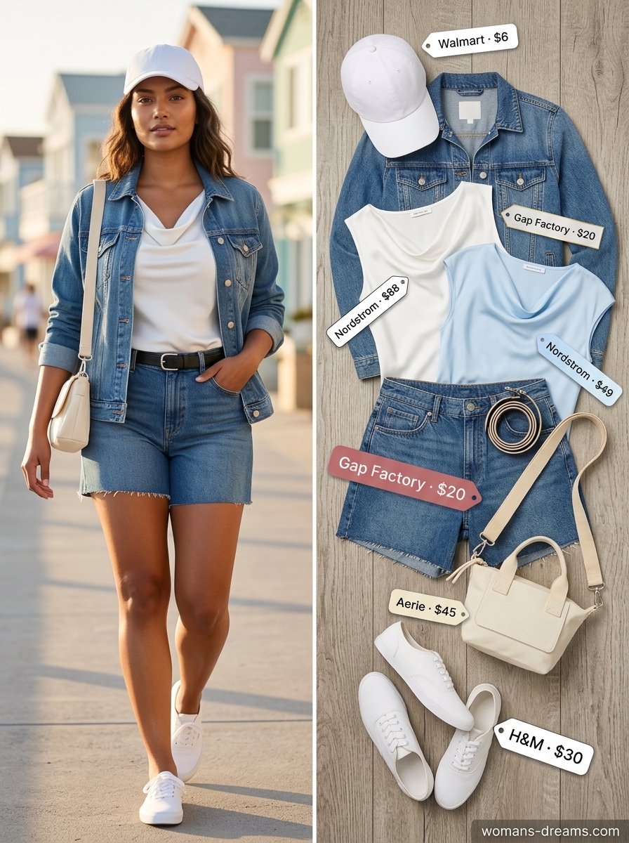 Sky blue cowl neck tank top with denim shorts and white sneakers for summer cowl neck outfits for women 2026.