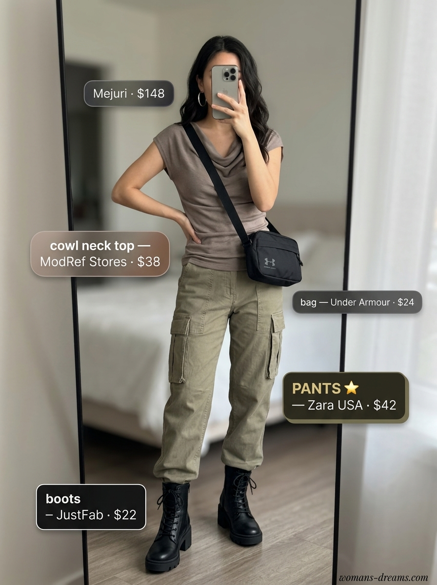 Modern taupe cowl neck top with khaki green cargo pants for trendy daytime outings in 2026.