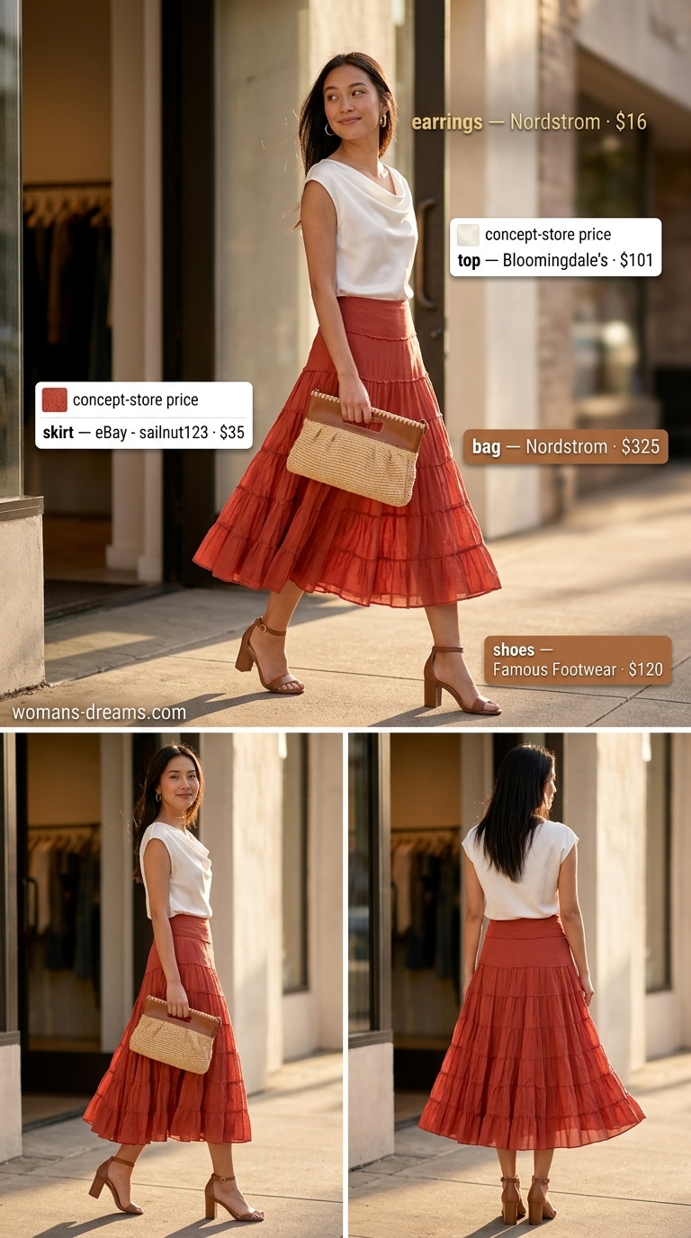 Cream cowl neck top with terracotta midi skirt, tan sandals, and straw clutch for summer cowl neck outfits for women 2026.