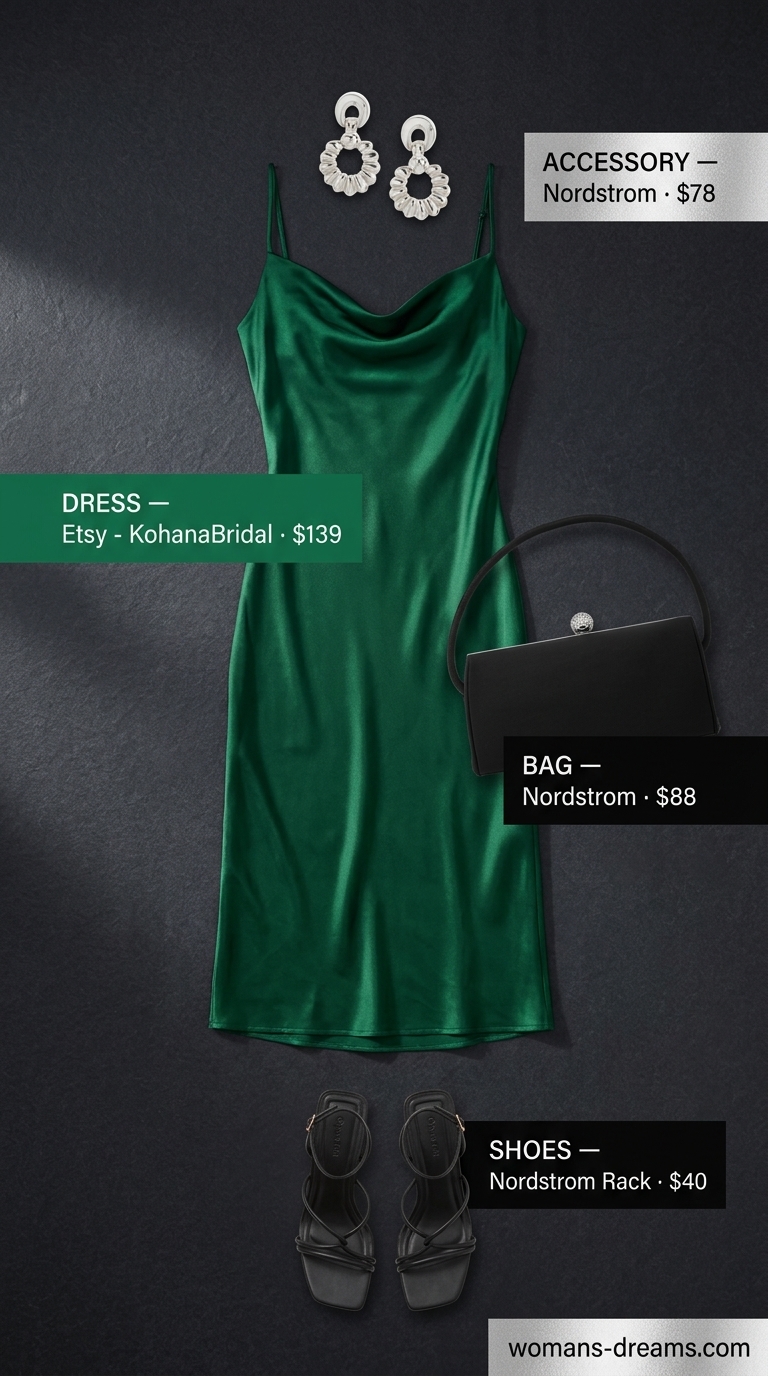 Elegant emerald green satin cowl neck midi dress for women, perfect for cocktail parties and date nights in 2026.