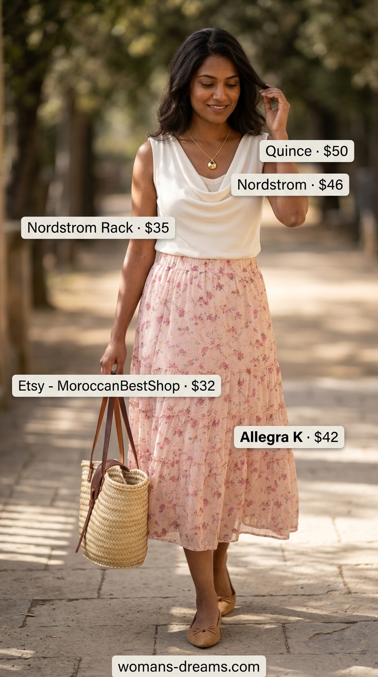 Feminine blush pink floral midi skirt paired with a cream cowl neck top for summer garden parties in 2026.