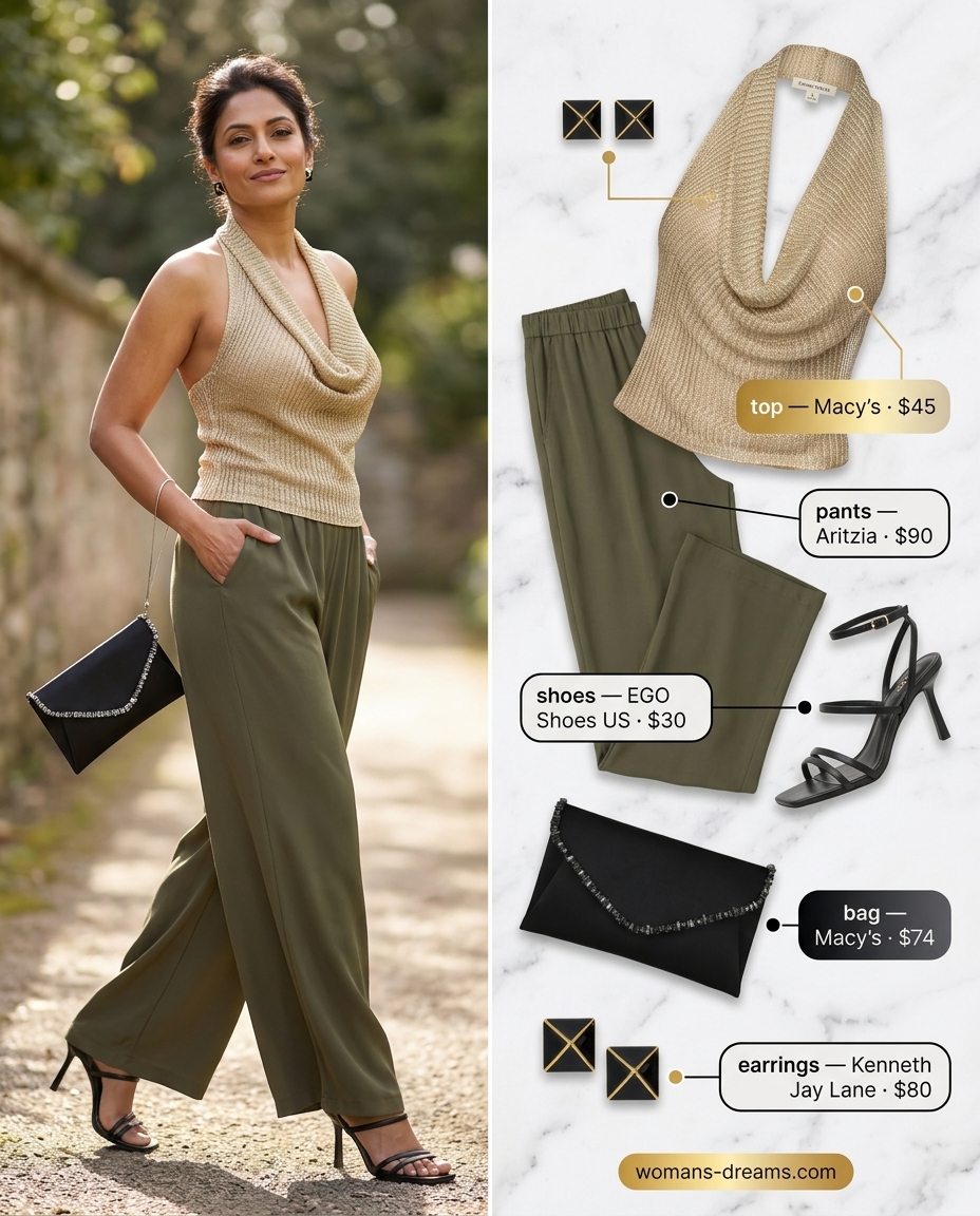 Gold cowl neck crop top with olive green wide-leg pants and black heels for summer cowl neck outfits for women 2026.