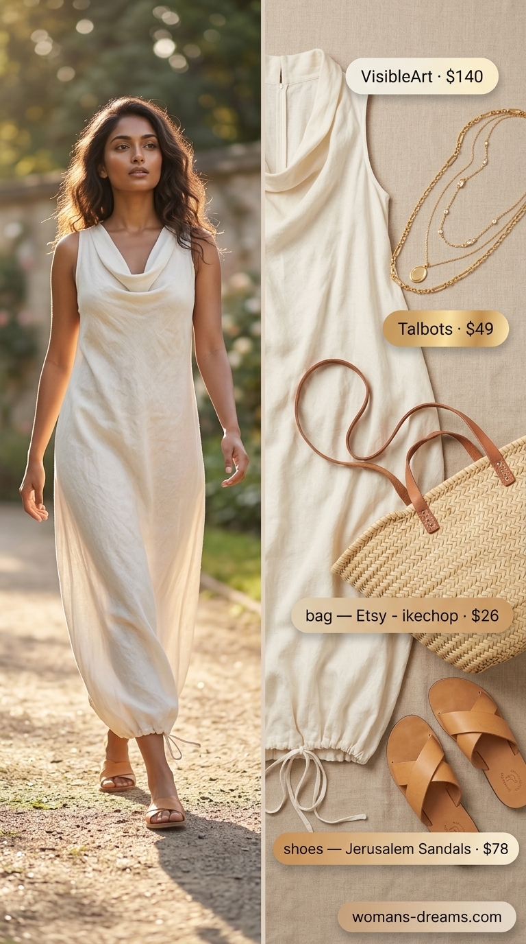 Ivory linen cowl neck maxi dress with tan sandals and straw tote for summer cowl neck outfits for women 2026.
