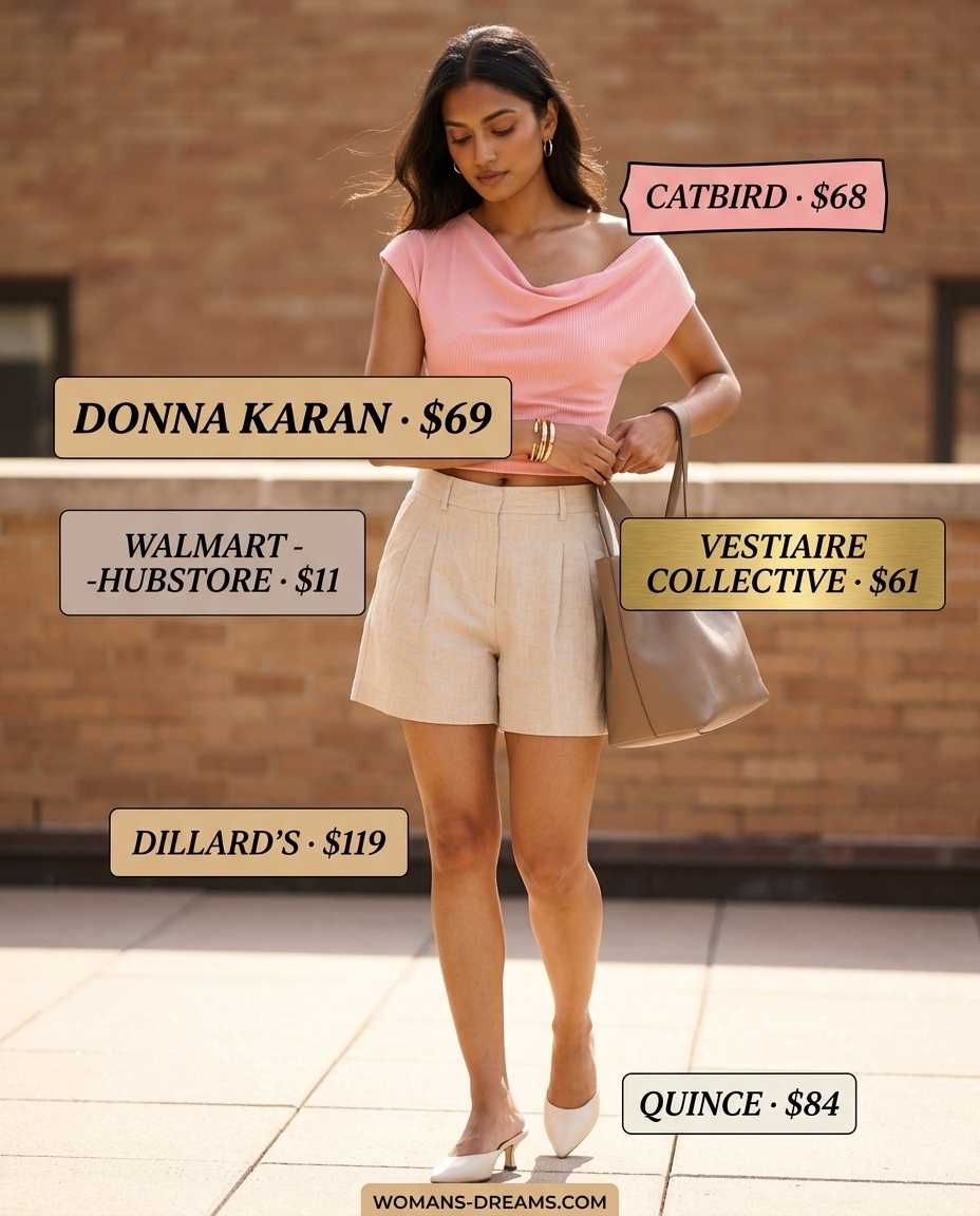Chic blush pink cowl neck top with beige linen shorts for weekend brunch and travel in 2026.