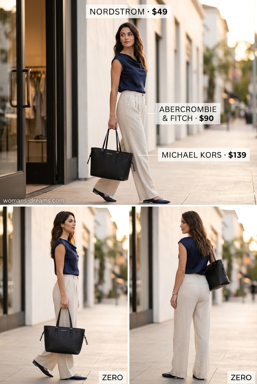 Navy cowl neck top with beige wide-leg trousers and pointed flats for summer cowl neck outfits for women 2026.