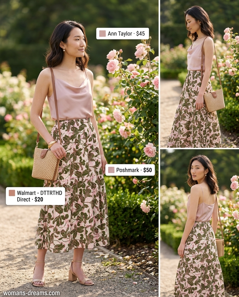 Charming pastel pink cowl neck top with a floral midi skirt for summer garden parties and baby showers in 2026.