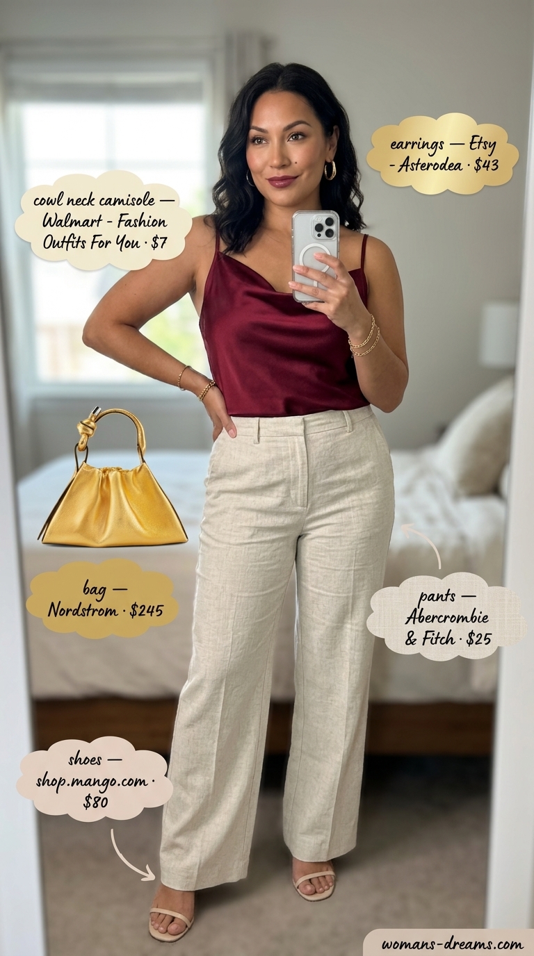 Deep red satin cowl neck camisole with cream wide-leg trousers for summer cowl neck outfits for women 2026.