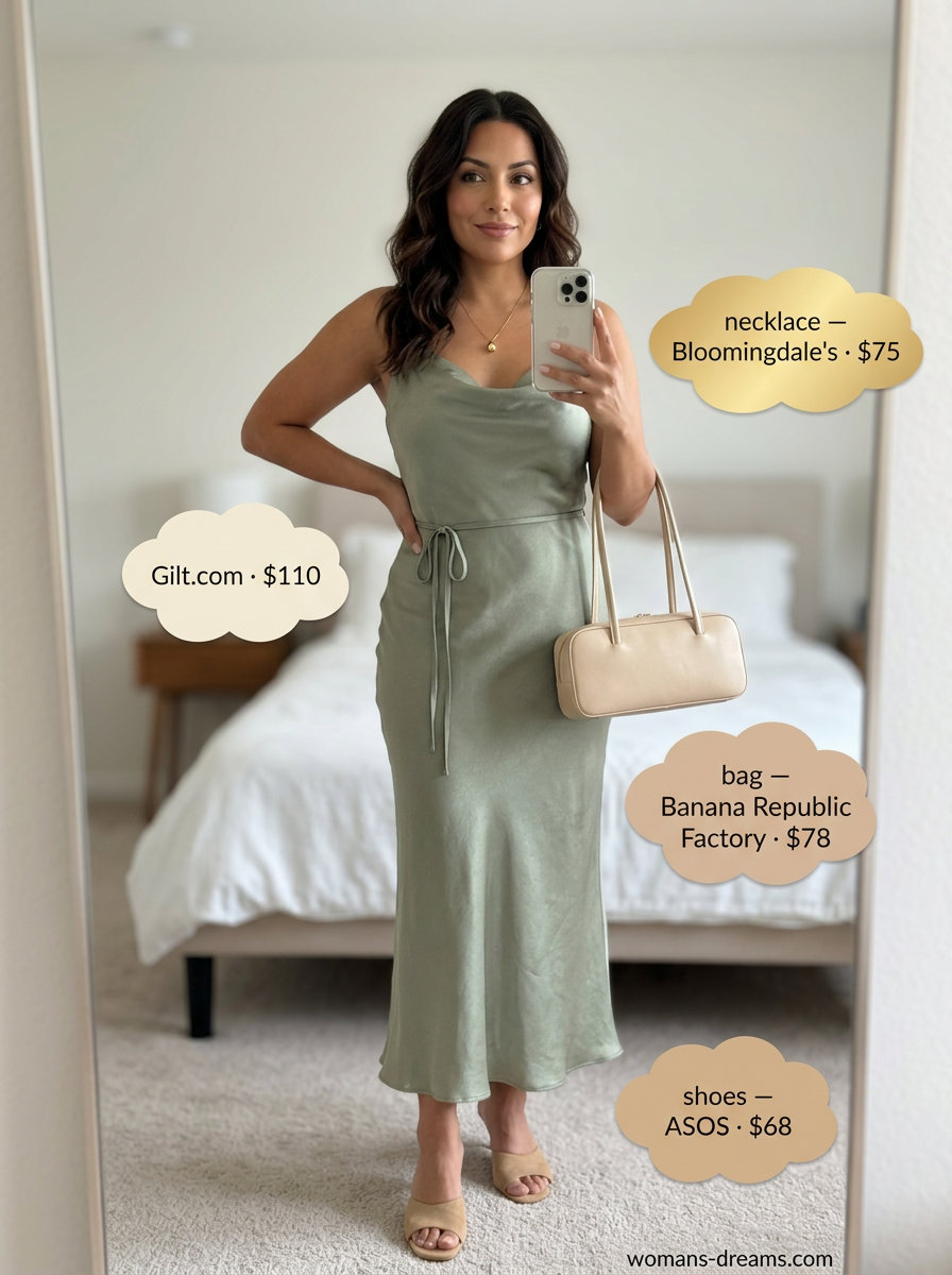 Sage green cowl neck midi dress with beige mules and shoulder bag for summer cowl neck outfits for women 2026.