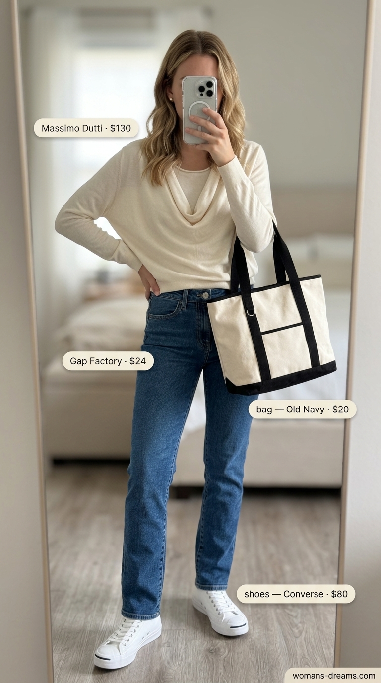 Comfortable cream cowl neck sweater with straight leg jeans for travel and casual weekends in 2026.