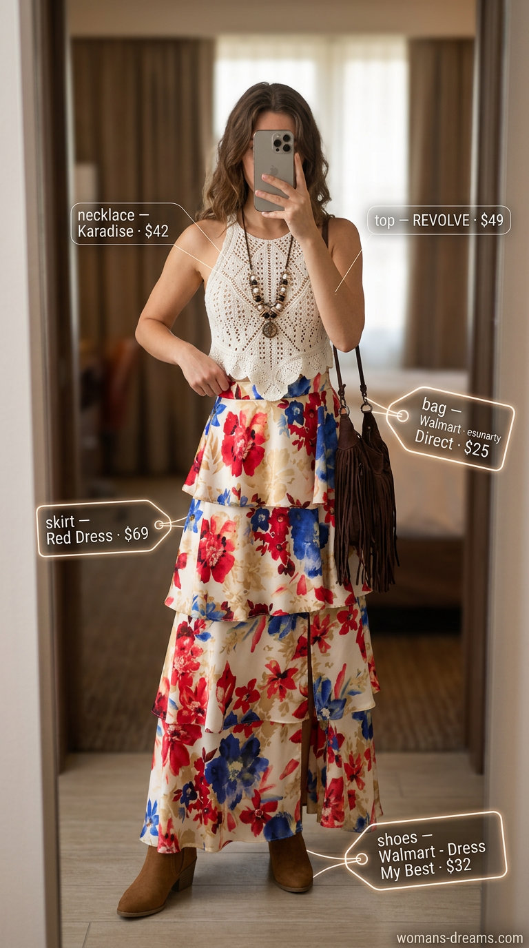 Bohemian Rhapsody Crochet Set 2026 Cream crochet crop top with floral maxi skirt for a bohemian festival outfit 2026.