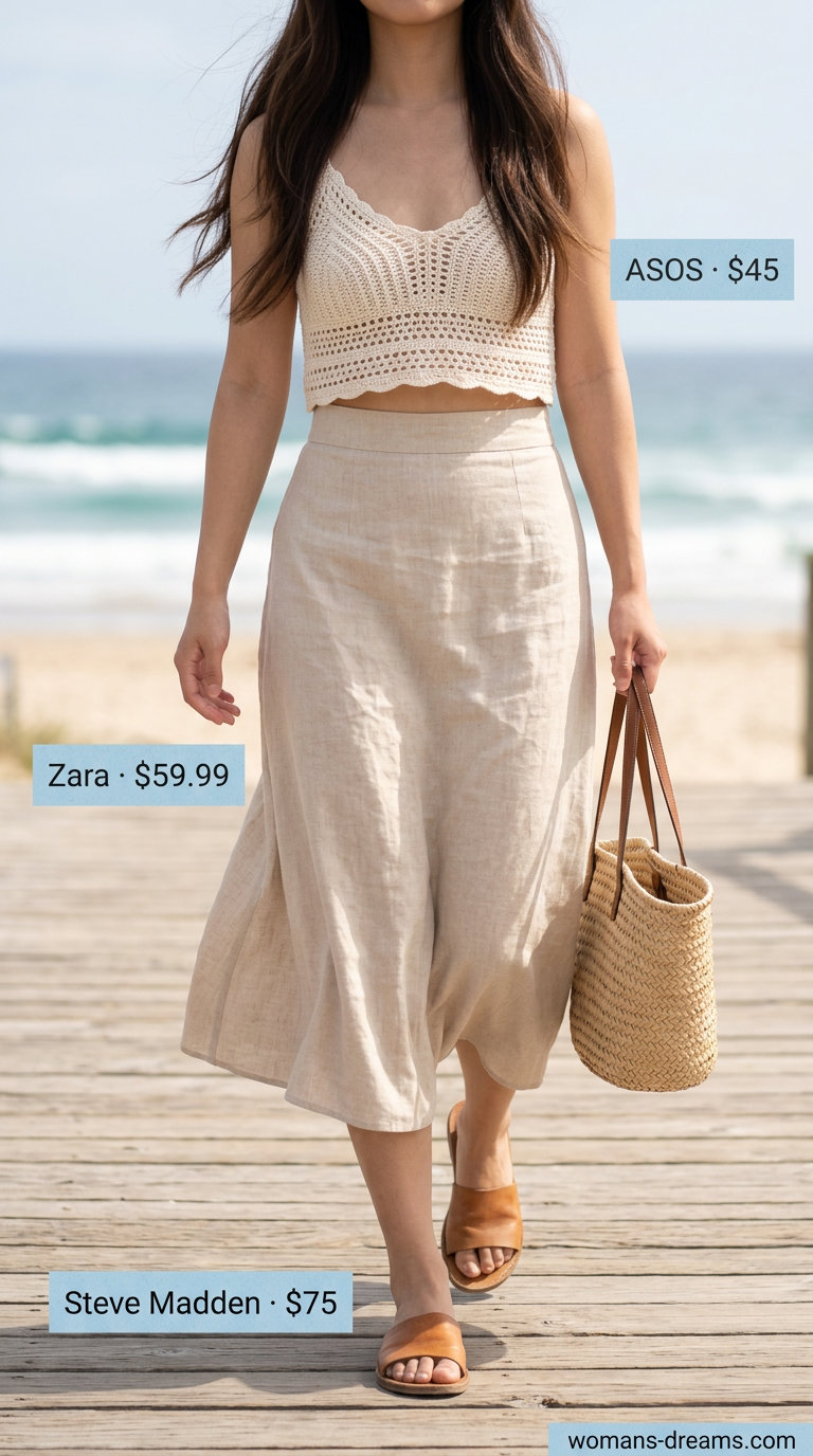 Casual Beach Crochet Outfits 2026 White crochet crop top with denim shorts for casual beach summer outfits 2026.