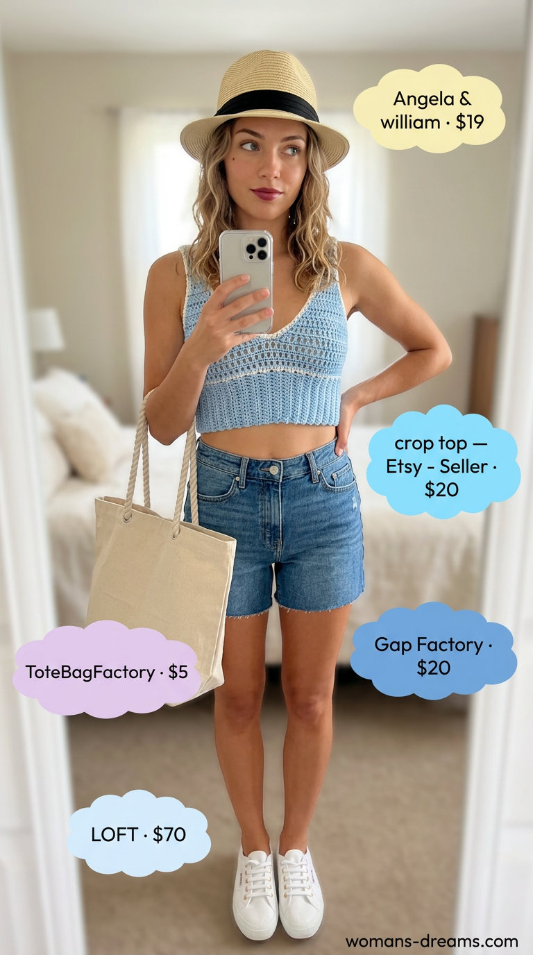Casual Exploration Crochet Outfits 2026 Sky blue crochet crop top with denim shorts for casual summer exploration outfits 2026.