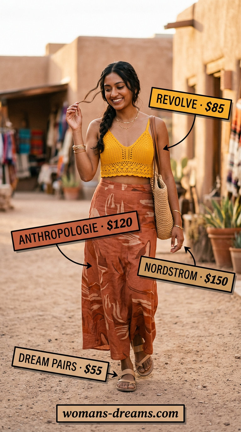 Summer Festival Crochet Outfits 2026 Mustard yellow crochet crop top with teal floral midi skirt for summer festival outfits 2026.