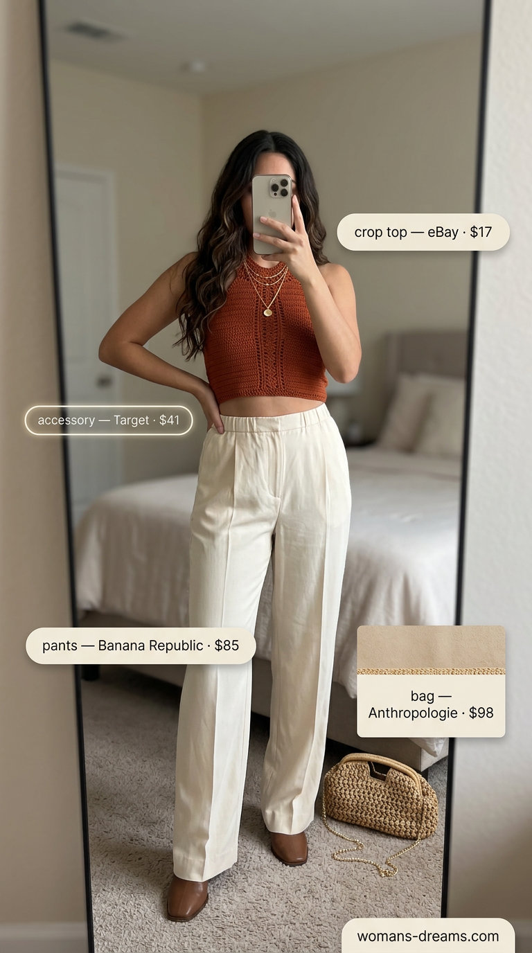 Summer Crochet Crop Top Outfits 2026: Desert Evening Style Desert Sunset Glow: Rust orange crochet crop top with camel palazzo pants for summer evening outfits 2026.