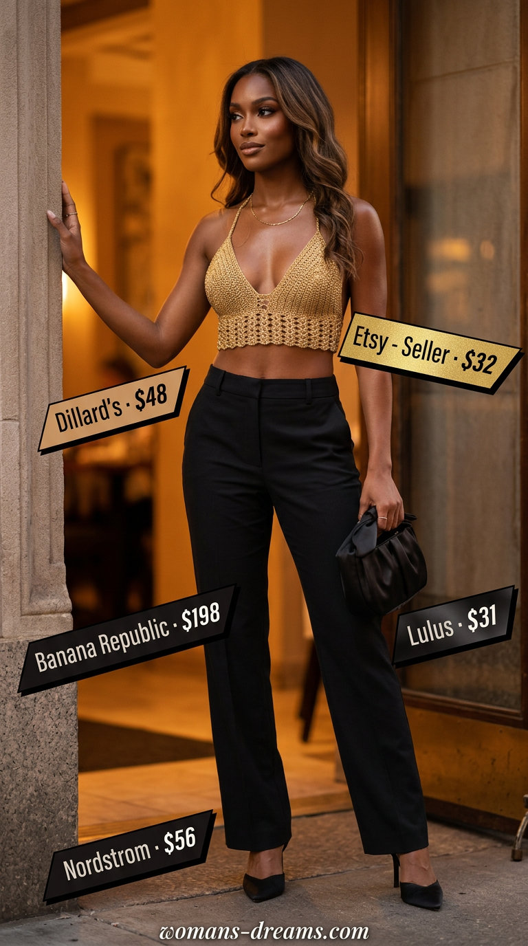 Evening Glow Crochet Outfit 2026 Gold metallic crochet crop top with tailored trousers for a glamorous evening event outfit 2026.