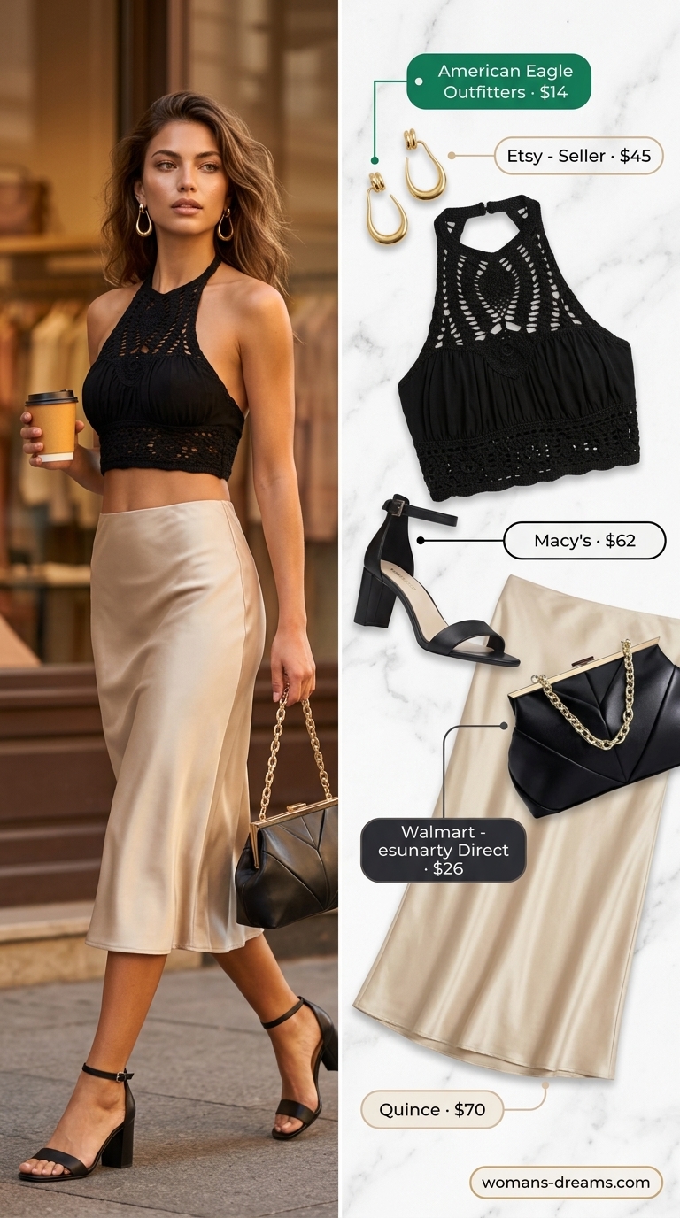 Summer Crochet Crop Top Outfits 2026: Elegant Evening Look Evening Glow: Black crochet crop top with champagne satin midi skirt for sophisticated summer outfits 2026.
