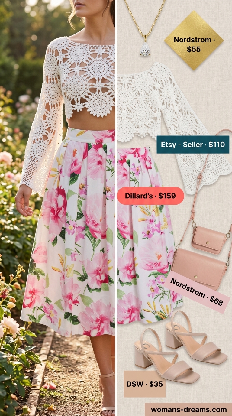 Summer Garden Party Crochet 2026 White crochet crop top with floral skirt for a feminine garden party or wedding guest outfit 2026.