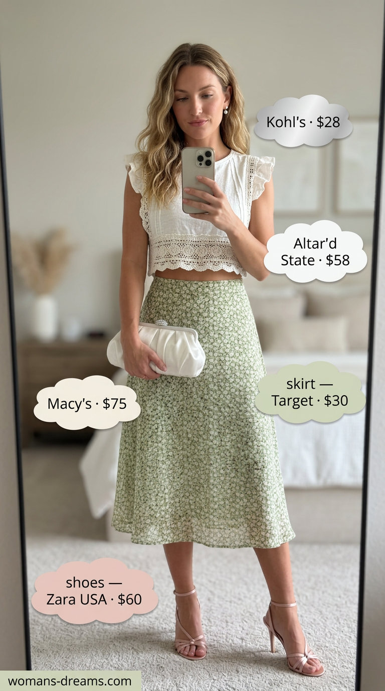 Summer Crochet Crop Top Outfits 2026: Garden Party Glam Garden Party Elegance: Ivory crochet crop top with floral midi skirt for romantic summer outfits 2026.