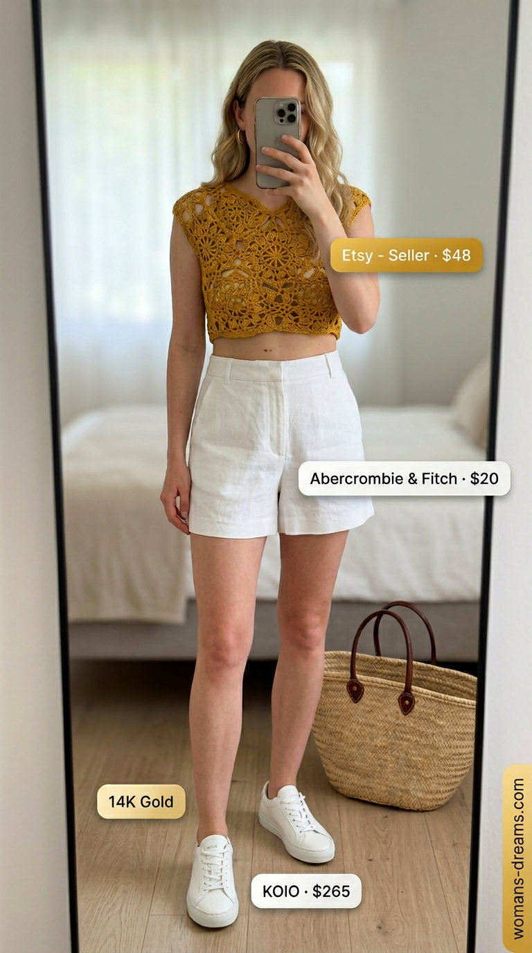 Golden Hour Glow Crochet 2026 Mustard yellow crochet crop top with linen shorts for a sunny brunch outfit 2026.