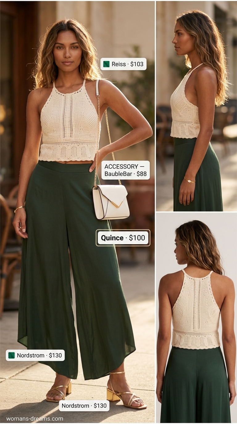 Luxe Resort Crochet Outfits 2026 Cream crochet halter top with olive green palazzo pants for luxe resort summer outfits 2026.