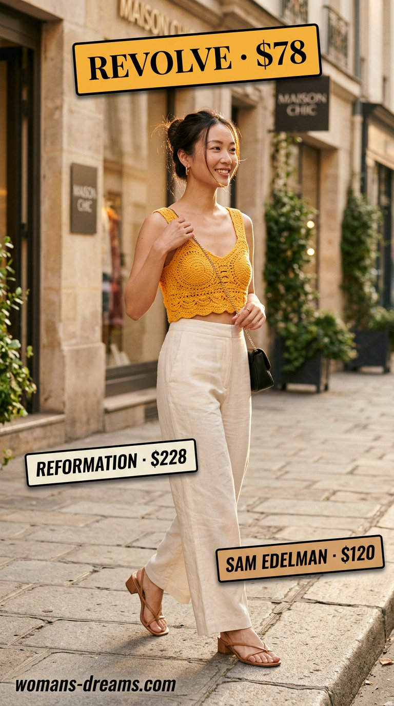 Chic Daytime Crochet Outfits 2026 White crochet crop top with beige Bermuda shorts for chic daytime summer outfits 2026.