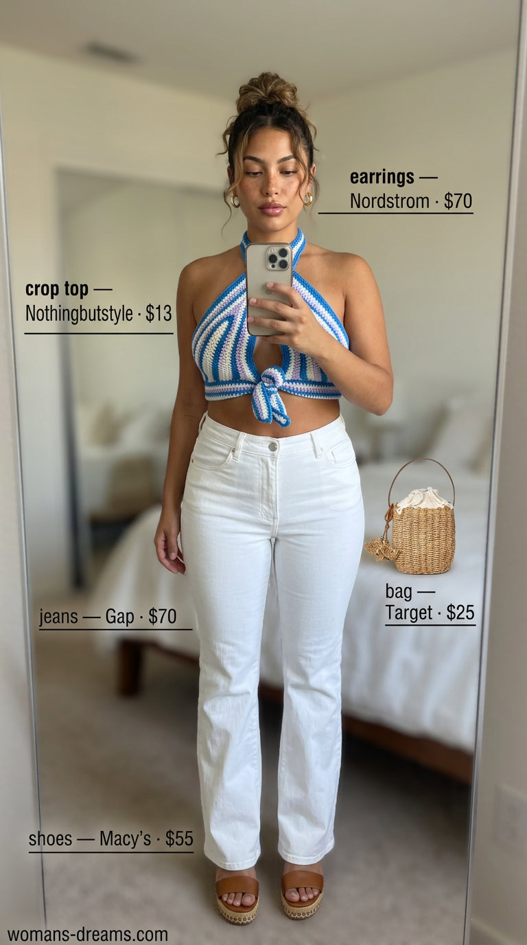 Retro Summer Crochet Look 2026 Light blue crochet halter top with white flare jeans for a retro casual summer outfit 2026.