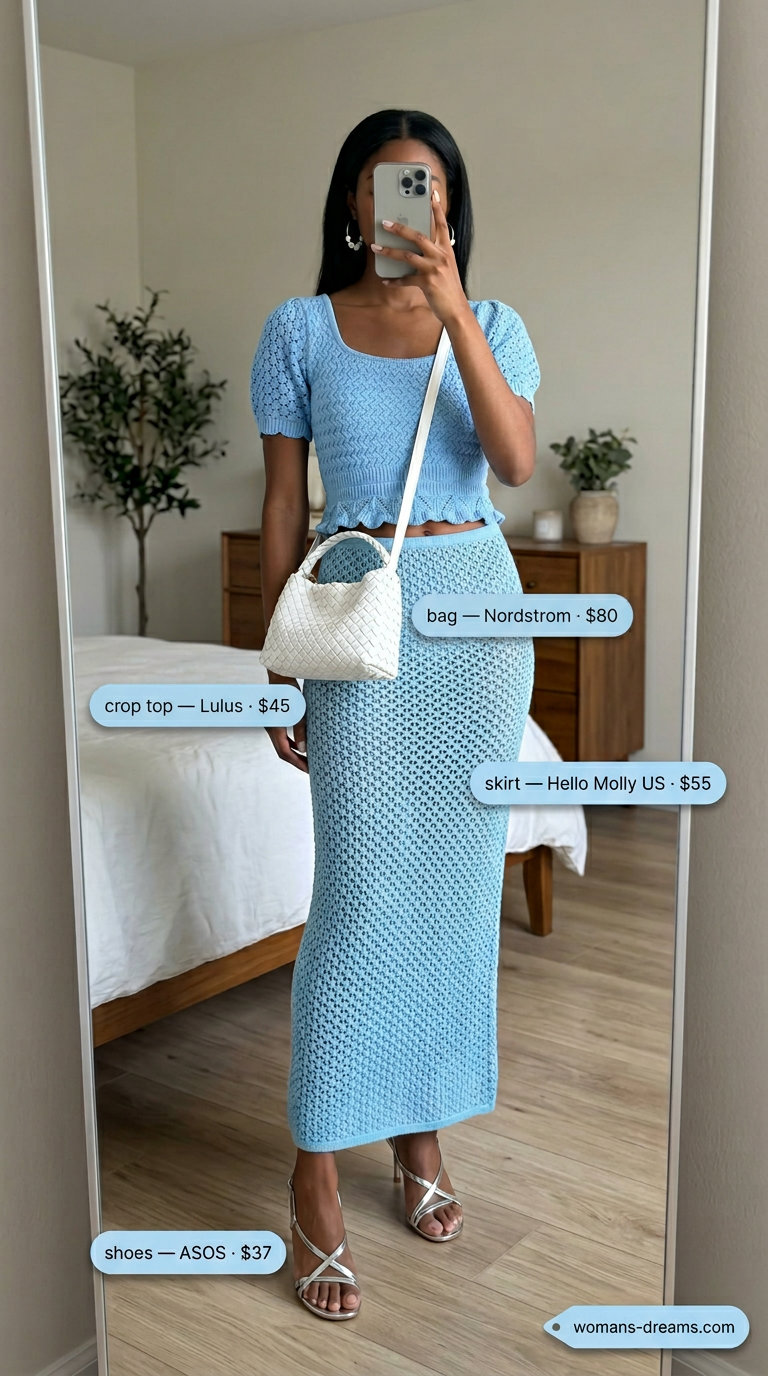 Seaside Serenity Crochet Set 2026 Sky blue crochet crop top & midi skirt outfit for summer vacation evenings. Elegant resort wear 2026.