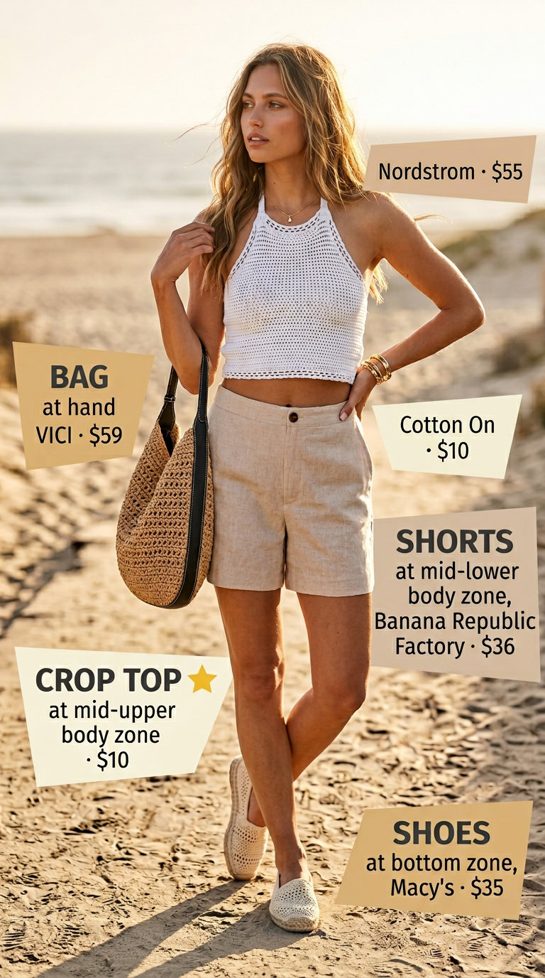 Summer Crochet Crop Top Outfits 2026: Effortless Chic Seaside Serenity: Cream crochet crop top with beige linen shorts for effortless summer outfits 2026.