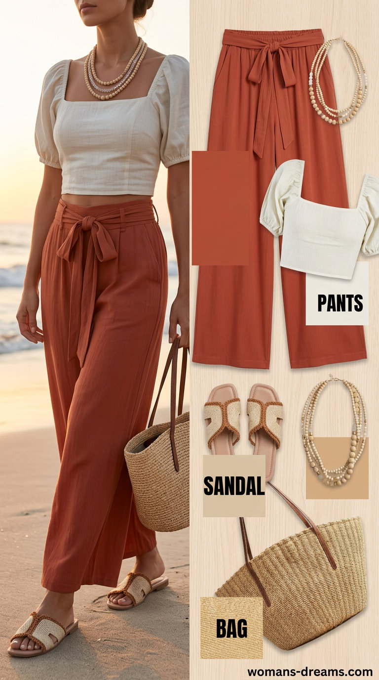 Sunset Beach Crochet: Beige crochet crop top with terracotta palazzo pants for relaxed summer outfits 2026.