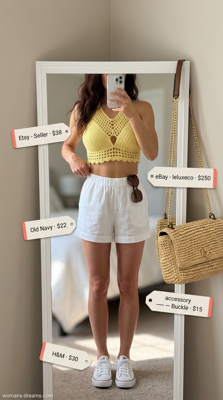 Summer Crochet Crop Top Outfits 2026: Vacation Ready Sunset Cruise Ready: Lemon yellow crochet crop top with white linen shorts for vacation summer outfits 2026.