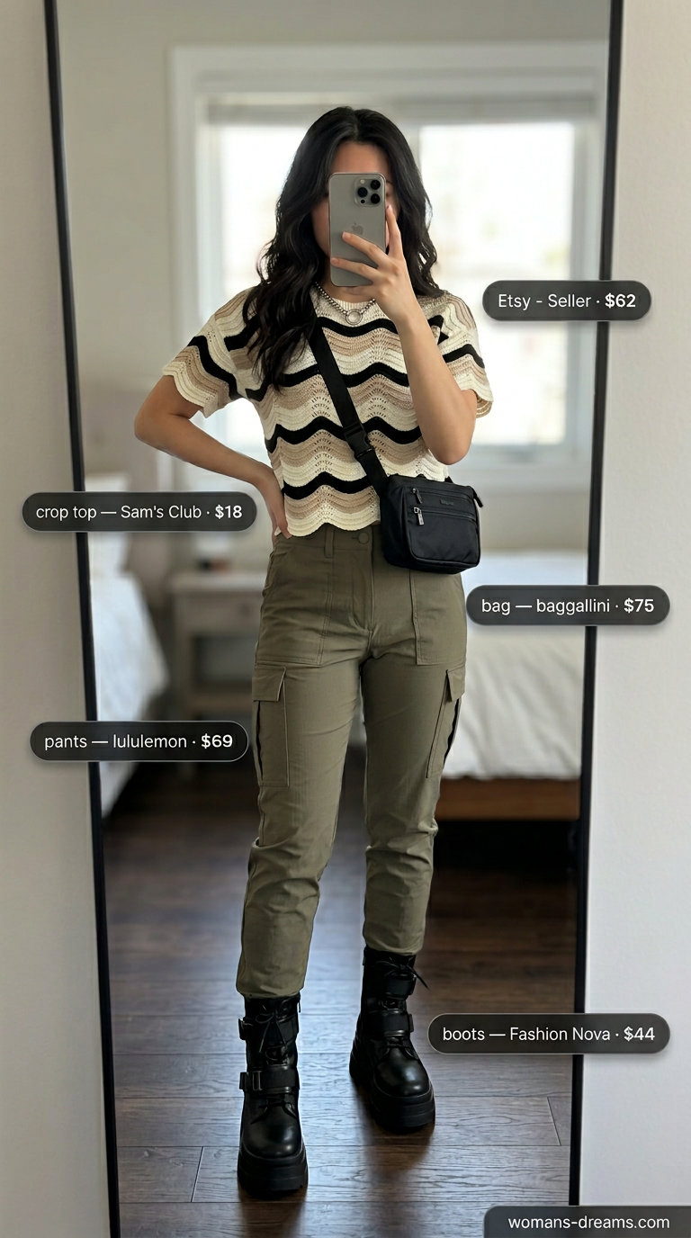 Summer Crochet Crop Top Outfits 2026: Urban Edge Urban Explorer Crochet: Black crochet crop top with khaki cargo pants for edgy summer outfits 2026.