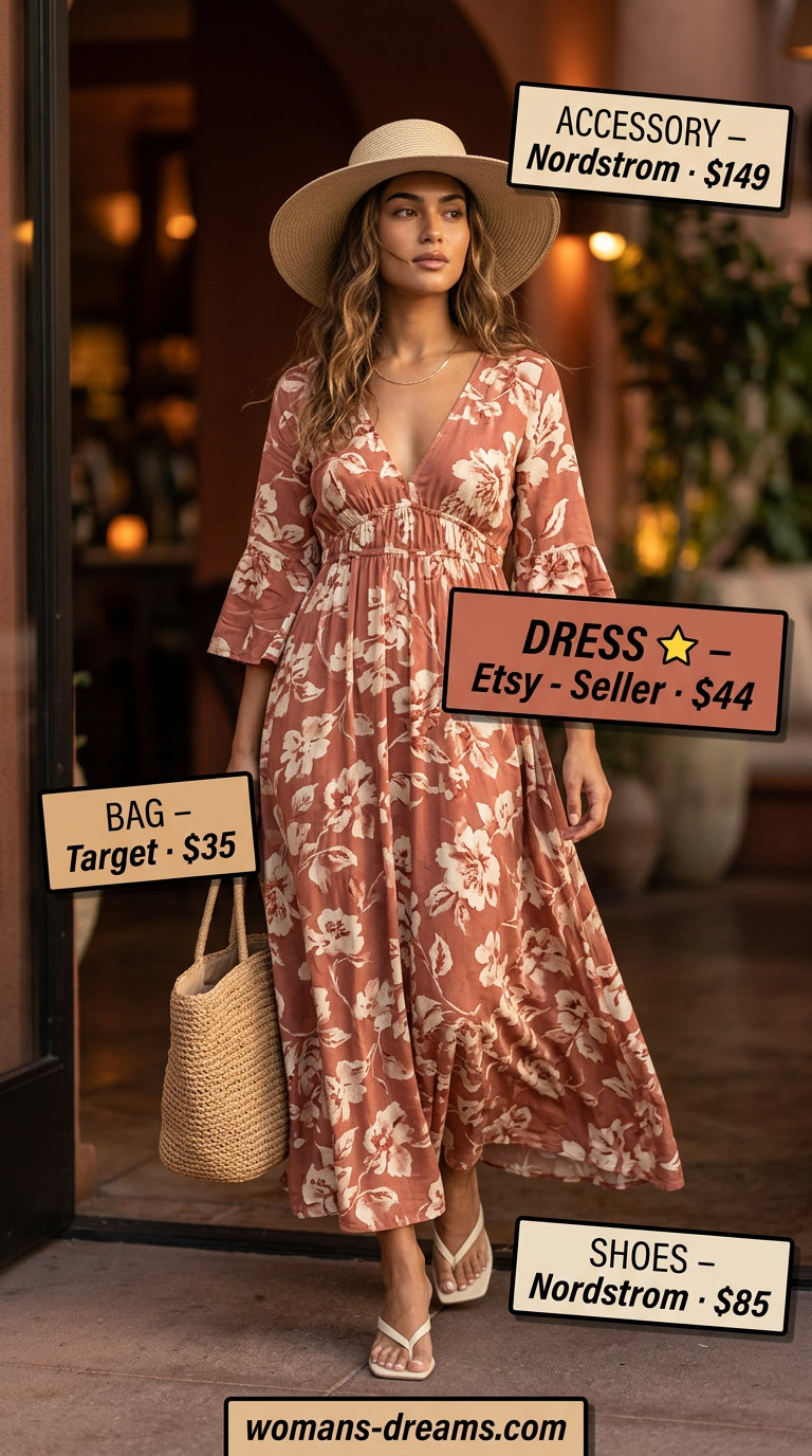Boho terracotta maxi dress, wide-brim straw hat, oversized tote, and leather sandals for summer date night outfits for women 2026.