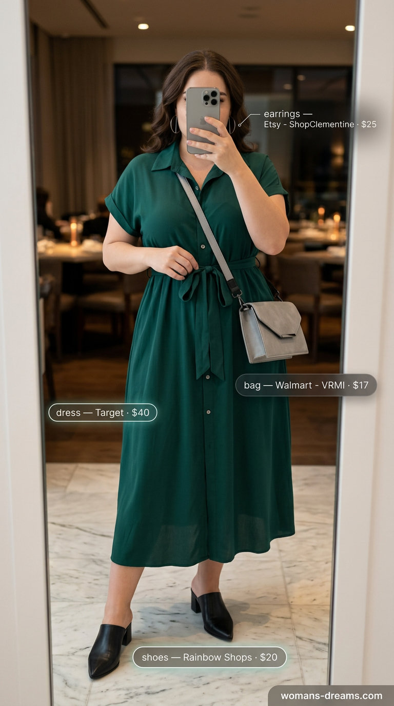Emerald green shirt dress, silver crossbody bag, silver hoops, and black block heel mules for summer date night outfits for women 2026.