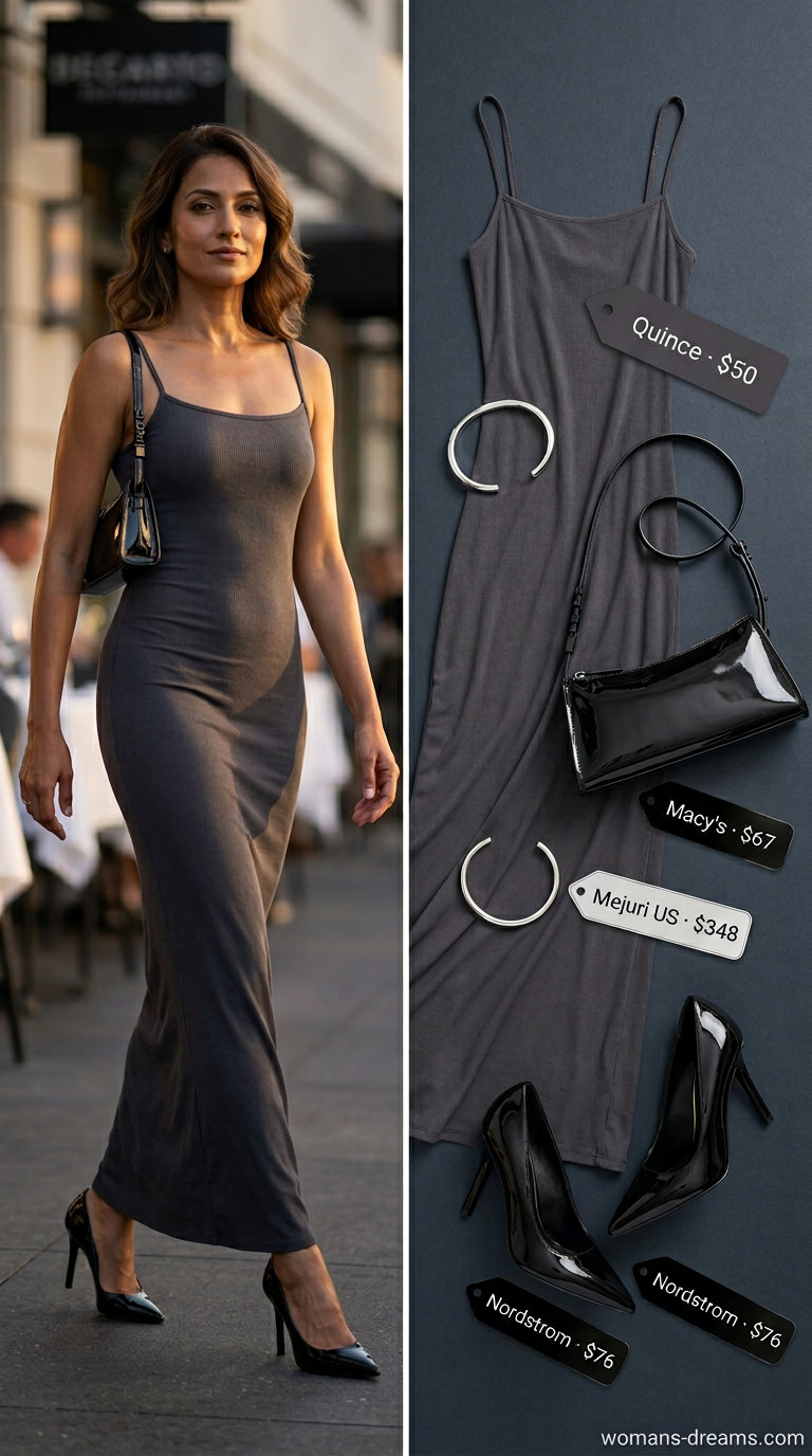 Chic charcoal grey knit maxi dress, black shoulder bag, silver cuff, and black heels for summer date night outfits for women 2026.
