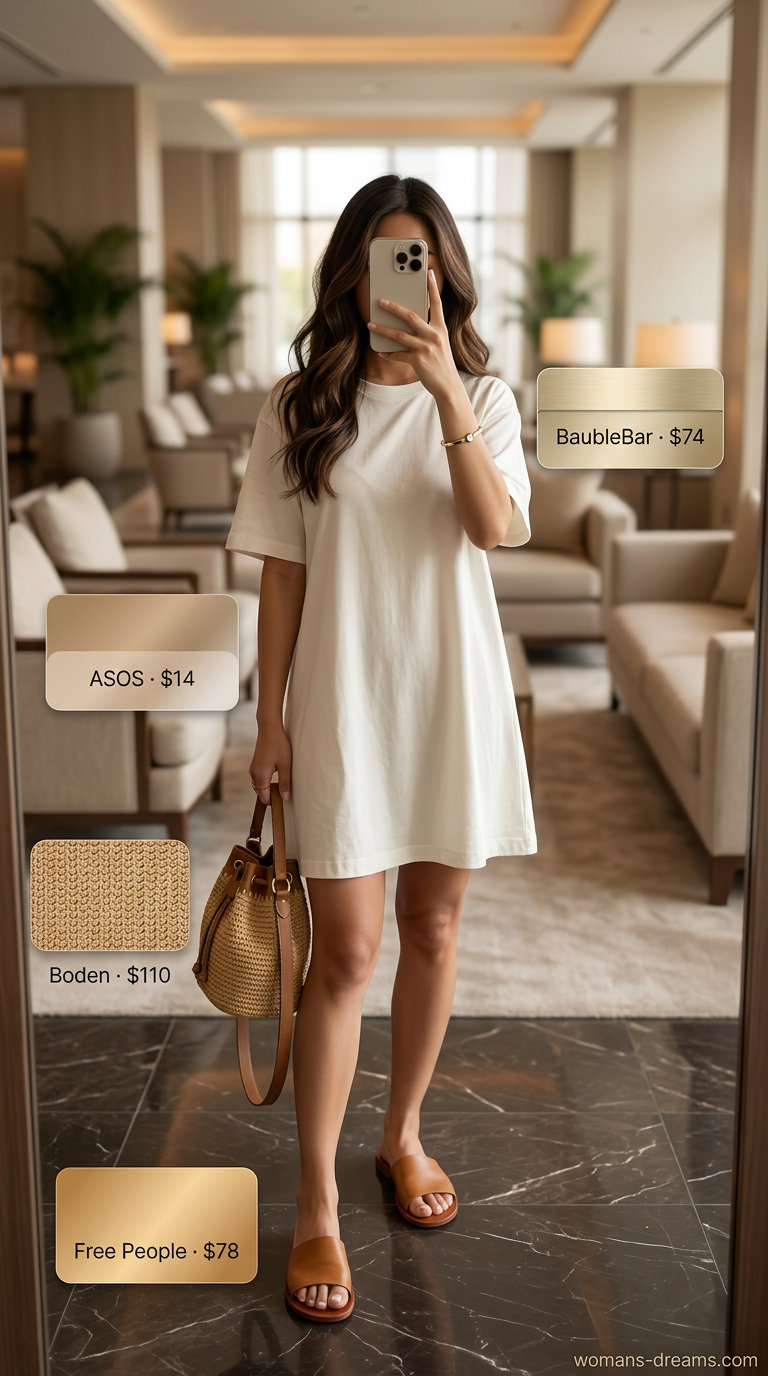 Ivory t-shirt dress, tan slides, straw bucket bag, gold cuff, and gold jewelry for summer date night outfits for women 2026.